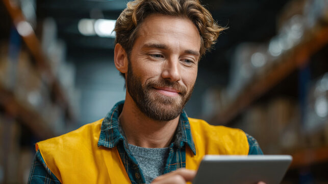 Focused Warehouse Worker: A skilled warehouse worker, clad in a safety vest, meticulously reviews digital data on a tablet, reflecting efficiency and precision in his duties.