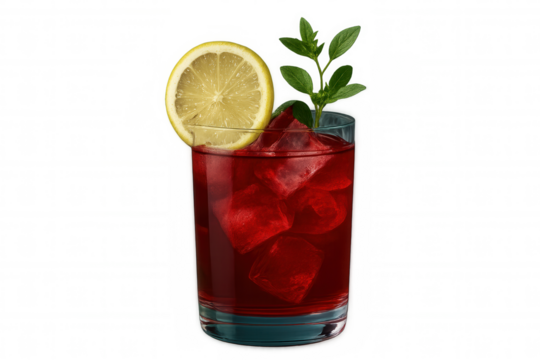Vibrant red cocktail garnished with lemon slice, mint leaves, and ice, floating against transparent background