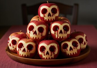 A pile of carved apple skulls creates a spooky halloween decoration for a party or festive fall celebration