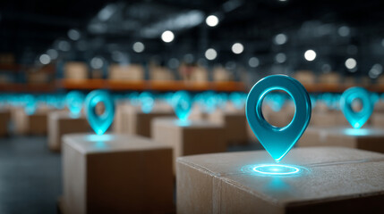Warehouse Tracking and Navigation: A digital navigation overlay indicating the real-time location of shipments.