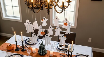 A festive halloween dinner table is decorated with hanging ghosts and pumpkins for a spooky holiday celebration