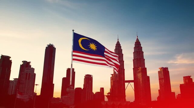 Malaysia Stunning view of the skyline with the Malaysian flag fluttering against a beautiful sunset