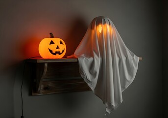 Illuminated jack o lantern and spooky ghost decoration casting an eerie glow on halloween night