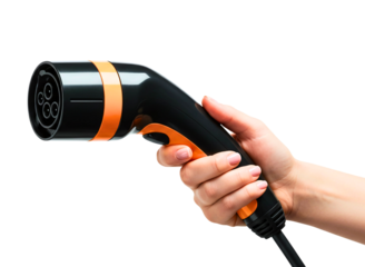 Hand holding an electric vehicle charging connector isolated on transparent background