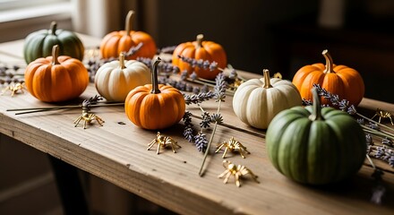 A rustic autumn display of colorful pumpkins and dried lavender on a wooden table creates a warm seasonal feeling