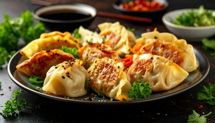 Variety Asian dumplings Gyozas with meat and vegetables potstickers fried on ceramic plate 