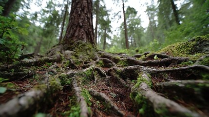 Obraz premium Mycorrhizal networking between fungi and tree roots enables nutrient exchange vital for forest health, growth, and ecosystem resilience.
