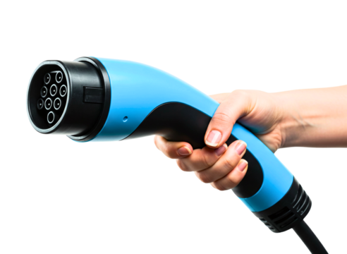 UHand holding a blue electric vehicle charging connector isolated on transparent background