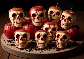 Spooky halloween treats featuring carved apple skulls with dripping red syrup for a festive celebration