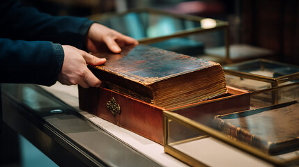 A bookbinder placing a finished leather-bound book into a display case (1)
