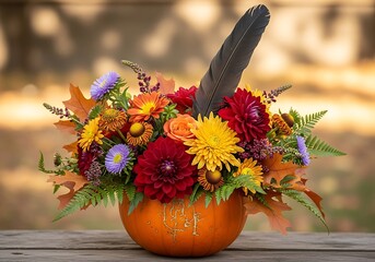 Festive autumn flower arrangement in a pumpkin for a beautiful thanksgiving centerpiece on a wooden table