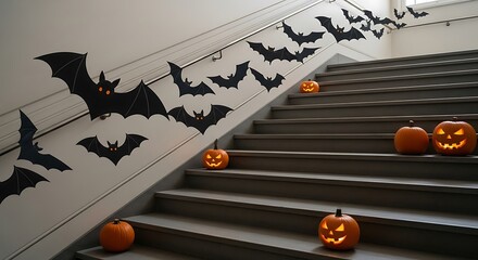 Halloween decorations featuring bats on the wall and carved pumpkins on the stairs create a festive and spooky atmosphere