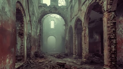 Ruined hall in a misty, decaying building.