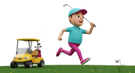 Cartoon child running while playing golf