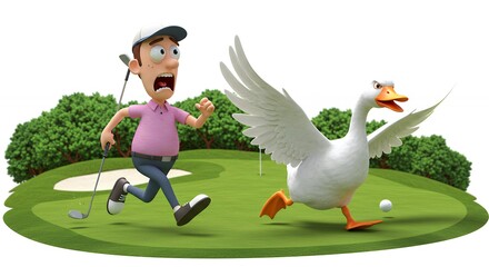 Cartoon golf player running from goose on green golf course