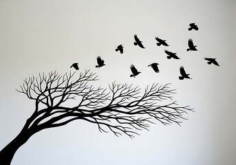 Silhouette of a bare tree with birds flying away creating a minimalist and symbolic nature scene