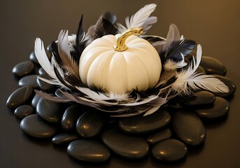 A small white pumpkin with feathers and smooth black stones creates an elegant fall centerpiece