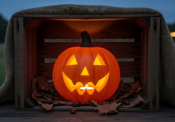 Illuminated jackolantern sitting inside a wooden crate surrounded by fall leaves creating a festive halloween scene