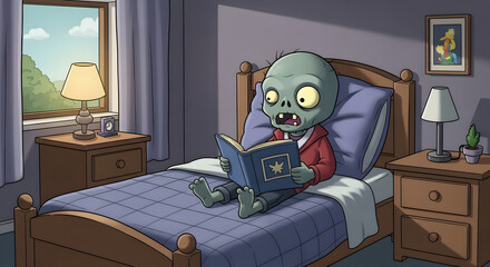 A whimsical cartoon zombie sits up in a cozy bed, engrossed in reading a storybook in a sunlit bedroom.