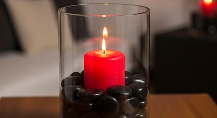 Red candle burning in a glass vase filled with black stones creating a warm and relaxing atmosphere in a home
