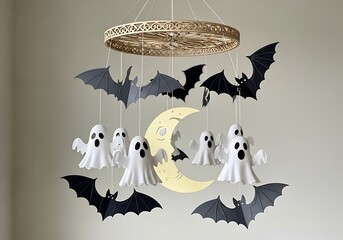 Handmade halloween mobile with ghosts bats and moon hanging decoration for spooky holiday celebration