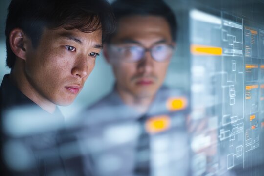 Focused professionals analyzing digital interface with erp modules and sales pipeline, showcasing enterprise strategy, operational efficiency, and business insight for b2b technology branding visuals