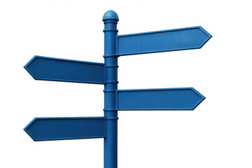 Blank blue directional signpost featuring multiple arrow pointers, isolated on transparent background, presenting navigational guidance template
