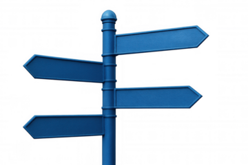 Blank blue directional signpost featuring multiple arrow pointers, isolated on transparent background, presenting navigational guidance template