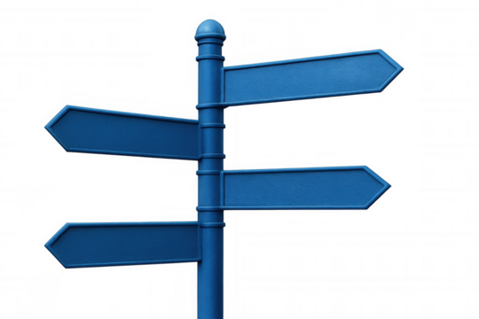 Blank blue directional signpost featuring multiple arrow pointers, isolated on transparent background, presenting navigational guidance template