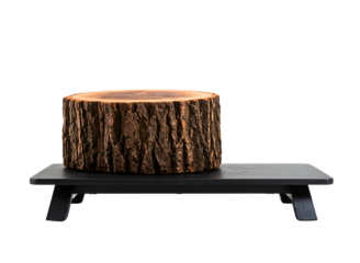 Rustic wooden log displayed on a black wooden platform isolated on transparent background
