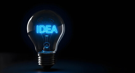 ネオンで光るIDEAの文字と電球のCGイラスト。ビジネスのアイデア、ひらめき、革新を象S徴する未来的で抽象的な背景素材。