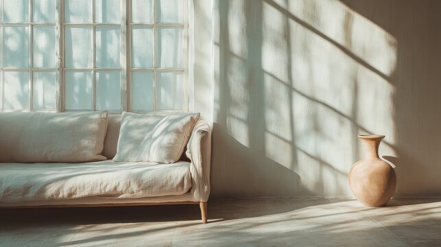 Empty Linen Sofa by Large Window with Morning Light, Single Ceramic Vase on Floor in Pale Peach and Misty Blue Tones