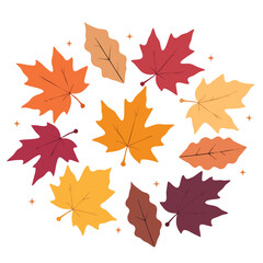 Fototapeta premium Collection of fall leaves in various colors arranged in a circle, ideal for holiday decorations or autumnal designs.