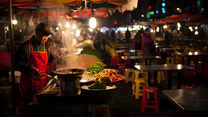 Street food vendor preparing a meal at a busy night market