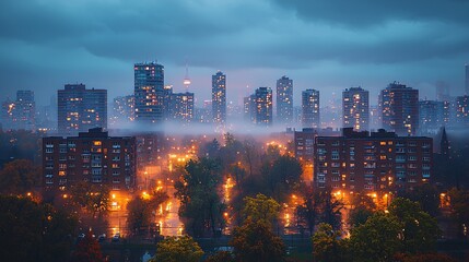Obraz premium Cityscape at Night with Rain and Fog Illuminated by Street Lights