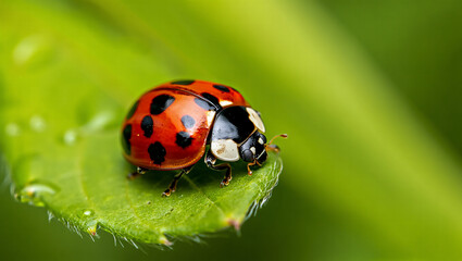 Obraz premium Close up of a red ladybug with black spots on a vibrant green leaf with water droplets