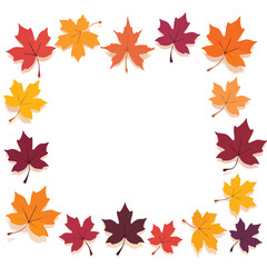 Obraz premium Vibrant maple leaves form a frame in autumn shades of red, orange, and yellow, perfect for fall themed design and invitations.