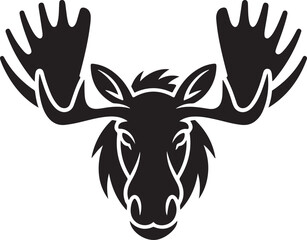 Black and white graphic illustration of a moose head with large, detailed antlers facing forward deer