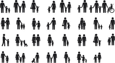  Diverse Family and People Icon Set A Comprehensive Collection of Flat Vector Illustrations Representing Parenthood, Love, and Relationships