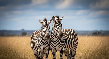 Fototapeta premium Two Zebras Standing Together on a Grassy Plain. 