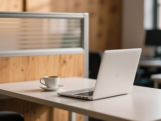 Obraz premium Minimalist office setup with a silver laptop and a cup of black coffee placed on a clean desk in a modern open workspace. Perfect for themes related to business, productivity, remote work, online