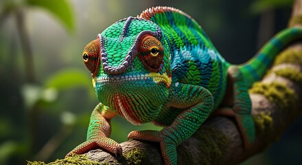 Obraz premium A captivating portrait of a chameleon perched gracefully on a branch. 