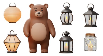 Lanterns and teddy bear illustration