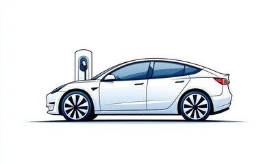 White electric car next to charging station