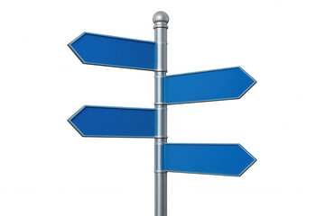 Blue directional arrow signs mounted on metal pole, pointing different ways, providing clear navigation guidance against transparent background