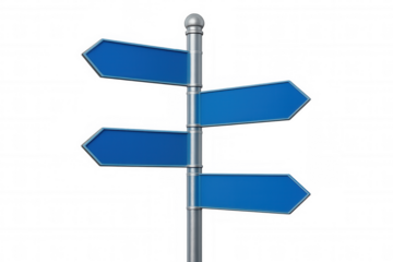 Blue directional arrow signs mounted on metal pole, pointing different ways, providing clear navigation guidance against transparent background