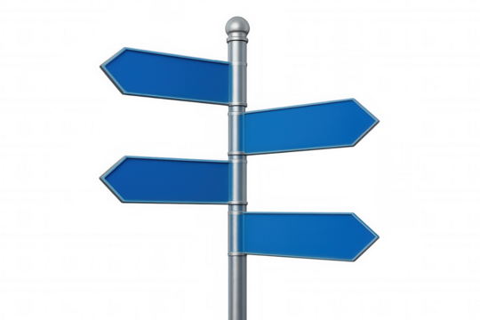 Blue directional arrow signs mounted on metal pole, pointing different ways, providing clear navigation guidance against transparent background