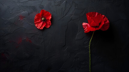 Vibrant red poppies bloom on a textured dark surface, symbolizing remembrance