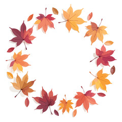 Colorful leaves form a circle wreath shape against a white backdrop perfect for autumn themed backgrounds or decorative elements.
