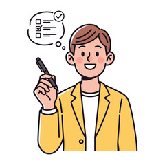 Focused Execution: An individual in business attire reviews a checklist with a thoughtful gaze, his smile radiating positivity and concentration. Illustrating the essential elements of focused.